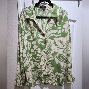 Grace the Perfect Fit Green & White Floral Button Front Blouse 2X EUC